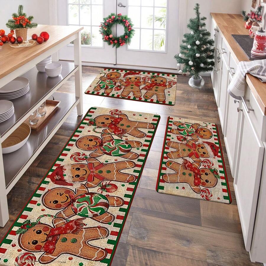 Set Keset Dapur Natal 1/2/3 Buah Tebal 0,47 Inci/1,2 Cm - Dekorasi Natal, Desain Pola Manusia Kue Jahe & Permen, Alas Busa Memori Anti Selip, Ideal Untuk Dapur, Kantor Rumah, Ruang Cuci, Dekorasi Kamar Mandi - MultiWarna - View 1