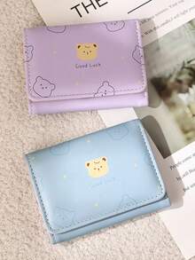 Cartoon Bear Short Wallet, Tri-Fold Student Printed Coin Purse, Cartoon Coin Pouch Card Holder - Multicolor - View 4