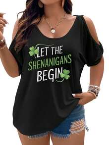 Let The Shenanigans Begin A Green St. Patrick's Day Celebration Women Cold Shoulder Tops Summer Short Sleeve Shirt Plus Size - màu đen - Xem 1