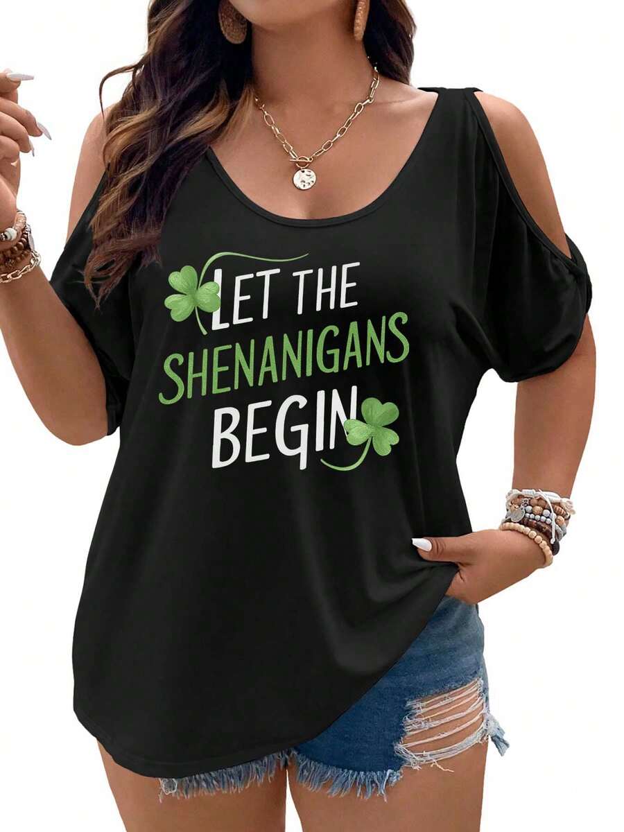 Let The Shenanigans Begin A Green St. Patrick's Day Celebration Women Cold Shoulder Tops Summer Short Sleeve Shirt Plus Size - màu đen - Xem 1