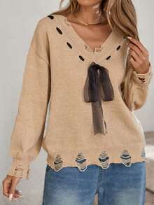 女式 V 领蝴蝶结系带做旧设计长袖套头衫，百搭秋冬装