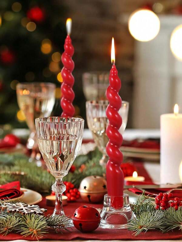 شمعتان حلزونيتان مخروطيتان، شمع طويل مجدول يدوي، شموع حلزونية، شموع عصا ملتوية، شموع عشاء شمعية، هدايا عيد الميلاد/عيد الميلاد/الزفاف (أحمر داكن، أبيض، وردي)