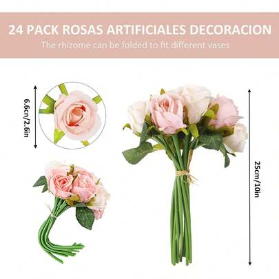 Decoración de Rosas Artificiales, 24 Rosas Artificiales, Rosas de Seda Artificial, Adecuadas para Decoración de Bodas, Hogar, Fiesta, Festival, Regalo Ideal para Mamá, Novia