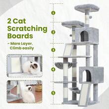 2025by Cat Tree For Indoor Cats, 71'' (180cm) Multi-Level Cat Tower For Large Adult, Sturdy Cat Tree House With 2 Scratching Boards 7 Posts, 2 Plush Perches/Condos, Hammock, Smoky Gray GCT032G