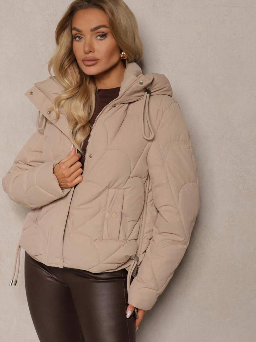 Women's Casual Hooded Long Sleeve Drawstring Quilted Jacket, Autumn/Winter - Dark Grey - View 1