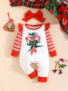 2pcs/Set Baby Girls' Christmas Element Print Long Sleeve Jumpsuit With Headband - Multicolor - View 9