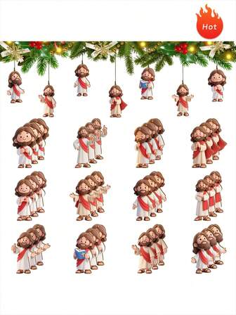 12pcs/24pcs/36pcs Religious Christmas Tree Ornaments, 12 Unique Religious Themed Designs With Traditional White Robe And Red Shutter, Perfect For Holiday Decor. Suitable For Christmas Tree, Window Display, Fireplace Mantel And Other Indoor Holiday Arrangements. Christmas Decorations Winter Room Decor Christmas Decorations Home Christmas Gifts Christmas Decor