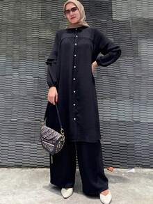 女士优雅休闲纯色纽扣设计长款外套，灯笼袖搭配阔腿裤套装，时尚休闲优雅可爱阿拉伯风格长款连衣裙两件套，适合春、夏、秋、冬三季穿着。 - 黑色 - 查看 4