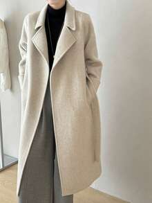 Women's Lapel Belted Double-Faced Wool Coat With Pockets, Suitable For Autumn/Winter - Oat - View 6