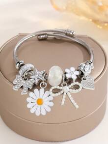 1pc Women's Elegant Pink Crystal Faux Pearl Pendant Cat Bow Beaded Bracelet, Cherry, Crown, Suitable For Women's Party Jewelry Gifts, Mother's Day, Halloween, Christmas, Valentine's Day