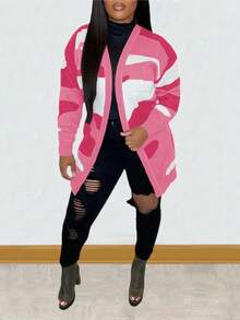 Women's Camouflage Pattern Contrast Color Loose Cardigan, Lightweight Knit Sweater For Autumn/Winter - Pink - View 4