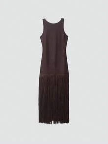 Sedessea 女士时尚度假风休闲流苏修身连衣裙，秋季优雅 - 咖啡 - 查看 5