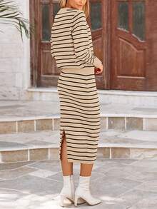 Women's Two Striped Sweater With Long Sleeve Knit Pullover Pencil Skirt Matching Travel Wear - Sọc kaki - Xem 2