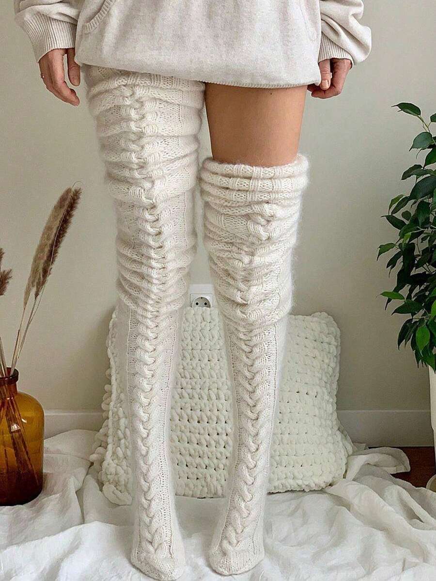 1 Pair Of Women's Over-The-Knee High Socks, Over-The-Knee Knitted Boots And Socks, Warm And Fashionable Warm Leg Covers For Winter, Solid Color Over-The-Knee Knitted Striped And Twisted Pattern Socks, Christmas Clothing, Warm Accessories, Y2k - màu đen - Xem 1