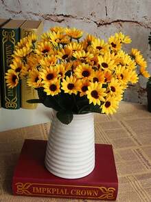 1 ramo (con 24 cabezas de flor en cada ramo) de ramos de girasoles artificiales. Hechos de plástico y en un estilo rústico y pastoril, estos ramos se pueden usar para la decoración de la sala de estar, la decoración del hogar y la decoración de bodas.