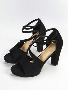 春夏女士舒适厚底露趾踝带高跟凉鞋，优雅舒适，适合日常、派对、时尚、度假等各种场合 - 黑色 - 查看 7