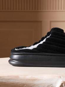 CYFMYD 男士家居拖鞋毛绒厚底柔软时尚鞋冬季防滑保暖毛绒卧室拖鞋室内男/女 - 黑色 - 查看 2