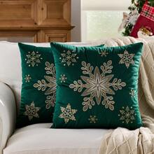 1pc Snowflake Embroidery Pillowcase, Soft Velvet Fabric, Christmas Decor For Sofa Living Room, Dark Green - Dark Green - View 5
