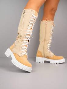 Kniehohe Winterstiefel zum Schnüren mit dicker Laufsohle - Beige - Übersicht 4