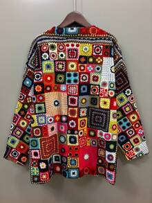 大码波西米亚风格全印花彩色方形针织套头衫，长款落肩，圆领，常规长度，罗纹针织细节，略有弹性，适合秋冬季 - 彩色 - 查看 2