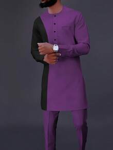 Men's Casual Long-Sleeved Two-Piece Suit, Mid-Length Top And Trousers - Màu tím - Xem 2