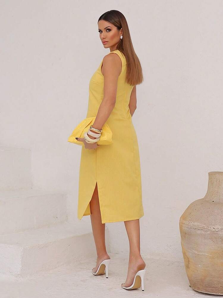 Linen Midi Dress With Pockets And Discreet Side Slit Linen Pocket Evening Holiday Wedding Office Birthday Party - Yellow - View 2