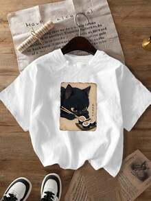 Camiseta con estampado gráfico de gatito lindo, de manga corta y cuello redondo, para uso casual en primavera y verano, de tela suave y agradable a la piel, para uso diario, de manga corta y cuello redondo, cómoda camiseta de mujer para uso casual, ropa de verano