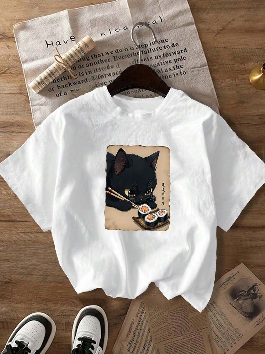 Camiseta con estampado gráfico de gatito lindo, de manga corta y cuello redondo, para uso casual en primavera y verano, de tela suave y agradable a la piel, para uso diario, de manga corta y cuello redondo, cómoda camiseta de mujer para uso casual, ropa de verano