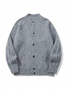 休闲宽松针织条纹不对称纽扣半开衫套头衫上衣，男士，春/秋/冬 - 灰色 - 查看 4