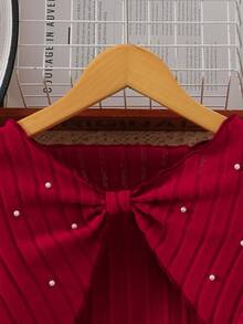 2 件套女童优雅串珠蝴蝶结长袖短款套头衫和酒红色别致立领无袖及膝连衣裙套装，2025 年秋冬