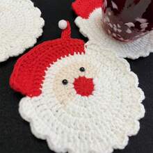 1/3pcs Handmade Crochet Santa Claus Coasters - Holiday Red And White Decorations, Durable Fabric Beverage Trays, Holiday Table Decorations, Unique Christmas Gifts, Christmas Wreaths, Seasonal Tableware, Made With Love