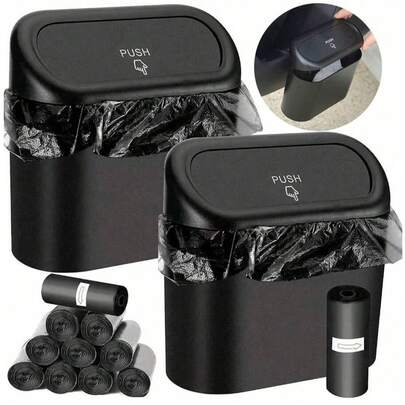 1pc Car Trash Can + 1 Roll (15pcs) Trash Bags, Mini Car Trash Can, Waterproof, Portable, Space-Saving, Car Storage Box, Car Sorting Box, Car Essential Accessory