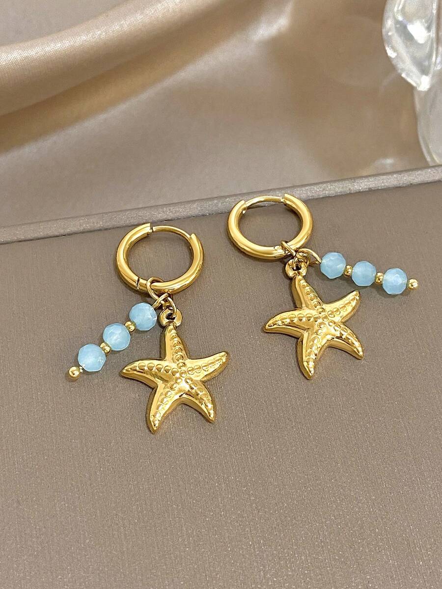 1 par de pendientes colgantes de estrella de mar de verano con circonita, pendientes colgantes dorados para mujer de acero inoxidable para uso diario, fiesta, joyería, regalos de Halloween y Navidad