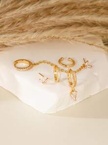 5pcs Elegant Cubic Zirconia Teardrop Pendant Necklace Chain Pierced Earrings Set, Multi-Layer Stacking Earrings For Women, Daily, Party, Holiday Gift