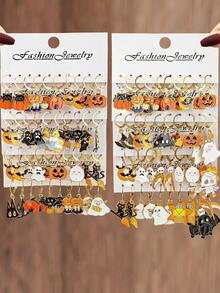 10件/30件万圣节系列新款暗黑风格卡通锌合金珐琅南瓜、蝙蝠、鬼魂、死神、黑猫耳环套装，万圣节首饰礼物 - 彩色 - 查看 2