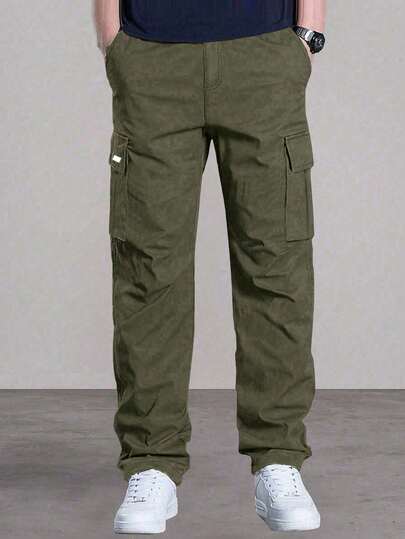 1件装青少年男童纯色休闲百搭简约直筒工装裤，适合通勤、上学、日常休闲、旅行、运动，春夏秋冬皆宜。