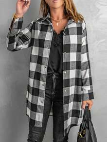 Damska kurtka średniej długości z długim rękawem, uniwersalna luźna koszula w kratę