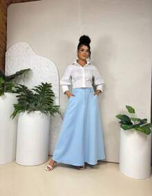 WOMEN'S LONG TAILORED SKIRT, EVANGELICAL FASHION, HIGH WAIST - Baby Blue - View 3