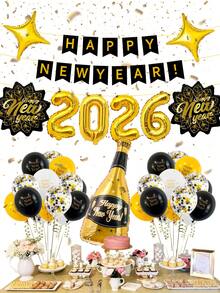 42 件/套 2026 新年气球套装，2026 铝箔气球、新年快乐横幅、乳胶气球、新年树叶、酒杯形状，适用于新年派对装饰 - 彩色 - 查看 1
