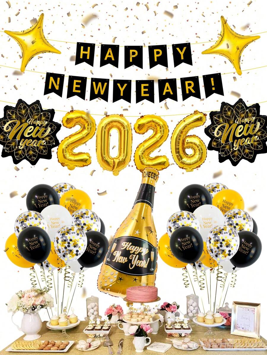 42 件/套 2026 新年气球套装,2026 铝箔气球、新年快乐横幅、乳胶气球、新年树叶、酒杯形状,适用于新年派对装饰 - 彩色 - 查看 1