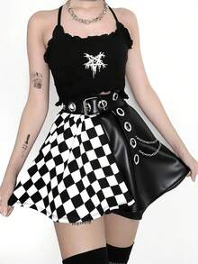 Y2K Gothic Punk Style Colorblock Black & White Checkerboard Patchwork Mini Skirt - Black and White - View 1