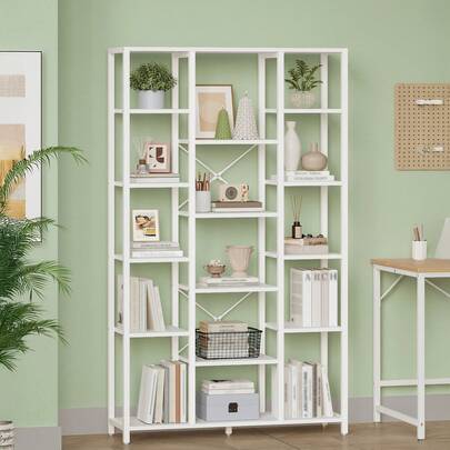 Hzuaneri Bücherregal, Standregal mit 6 Ebenen 15 Ablagen, Verstellbare offene Ablagen, für Wohnzimmer, Büro, Schlafzimmer, 30 x 100 x 170cm, Weiß,