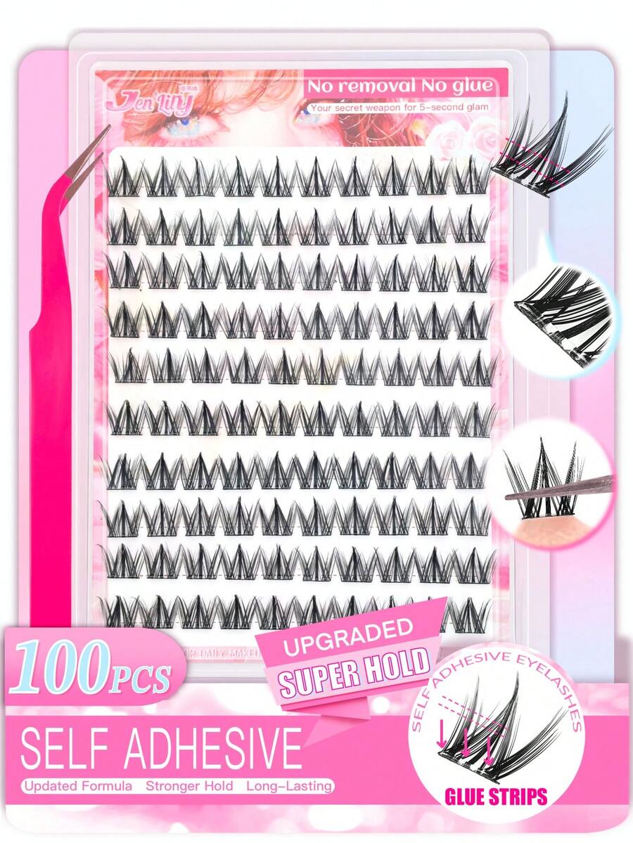 120/100 件自粘式独立睫毛簇、漫画睫毛和自然假睫毛 C 卷曲 DIY 可重复使用睫毛、自然、纤细、防水、交叉、猫眼、娃娃风格、10-12 毫米长度、带睫毛镊子、适合初学者、带有预装胶条，方便使用 - 黑色 - 查看 1