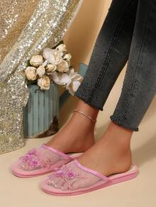2025秋冬季女士花卉图案透气一脚蹬穆勒鞋/木屐 - 粉色 - 查看 2