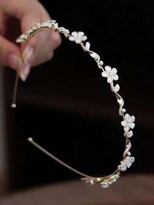 Elegant 1pc Simple Alloy Headband With Faux Pearl & Flower & Rhinestone Decor For Women,Gold Head Piece Valentine's Day Valentines,Hairband,Hair Hoop,Hairband,Hair Hoop Headbands - 白色 - 查看 4