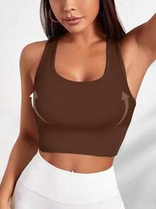 Yefecy 基本款纯色罗纹针织瑜伽运动文胸，防震聚拢无钢圈女式运动文胸，女士运动服 - 棕色 - 查看 6
