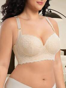 Plus Size Lace Underwire Bra - Full Coverage Supportive Lift, Sexy Embroidery Design, Suitable For Backless Tops And Daily T-Shirts - Apricot - View 3