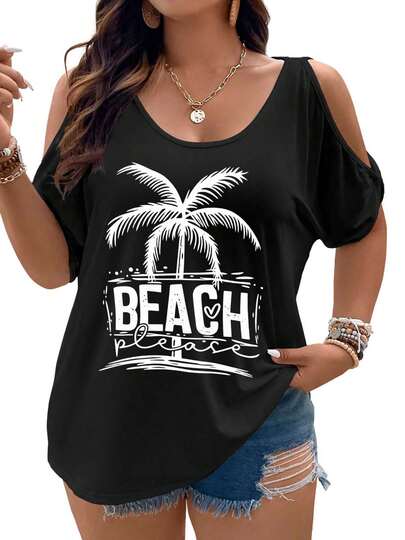 Beach Please Palm Tree And Ocean Waves Design Women Cold Shoulder Tops Summer Short Sleeve Shirt Plus Size