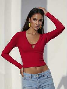 Women Solid Long Sleeve Shirts Slim Fit Deep V Neck Cut Out Crop Tops For Spring Fall Streetwear - Burgundy - View 3