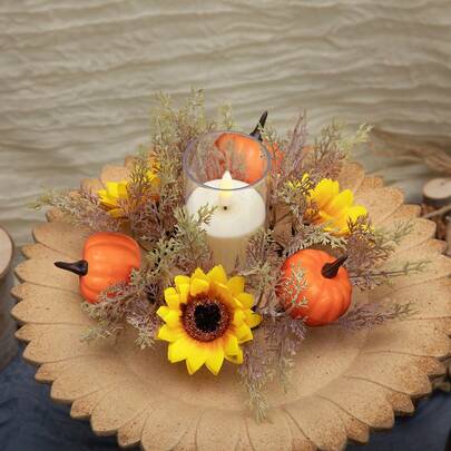 حامل شمعة من الخريف 1 قطعة، إكليل مصنوع من أوراق القيقب الاصطناعية والقرع والدوار، مزيج من ألوان الخريف الصفراء والبرتقالية والحمراء، بتصميم دائري متعدد الطبقات، قاعدة زخرفية لشمعة LED بدون لهب، مناسب للتزيين الداخلي والخارجي وطاولات المناسبات والأعياد الموسمية كعيد الشكر والأعراس